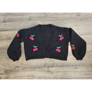 Womens Cherry Cardigan Sweater Knit Black Crop Open Front Cute Fruit Fall Spring